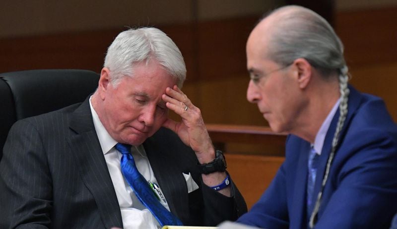 March 13, 2018 Atlanta - Tex McIver (left) reacts as he sits with his defense attorney Bruce Harvey during the first day of trial of Tex McIver before Fulton County Chief Judge Robert McBurney on Tuesday, March 13, 2018. HYOSUB SHIN / HSHIN@AJC.COM