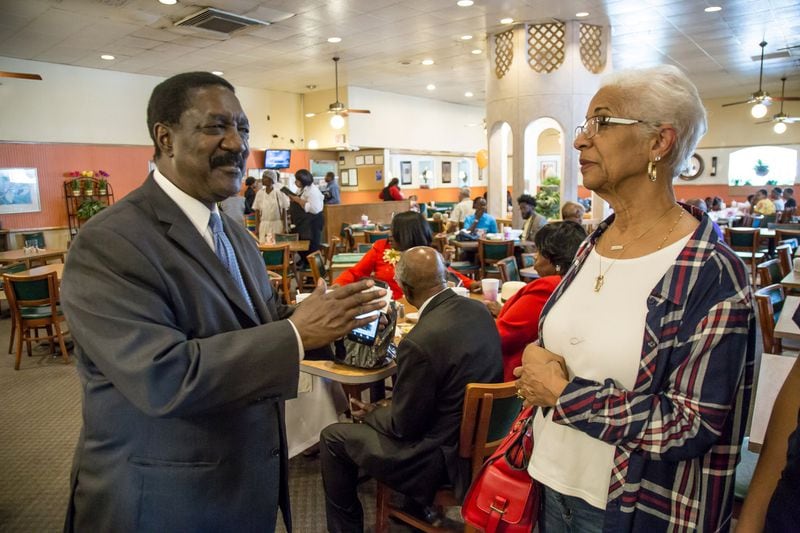 Ira Joe Johnson, a civil rights leader, talks with Bunnie Jackson-Ransom, the first wife of the late Atlanta Mayor Maynard Jackson, on ways they might be able to help keep the S&S Cafeteria open. Johnson, who first started eating at the cafeteria more than 40 years ago when he was a student at Morehouse College, is confident they’ll succeed. “This time next week, you’ll hear news that S&S has committed to stay open until the end of the year,” he said. STEVE SCHAEFER / SPECIAL TO THE AJC