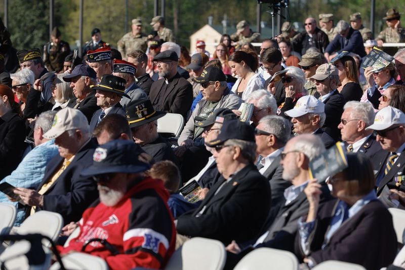 Many guests, including Vietnam War veterans, attended the dedication of the newly renovated Vietnam Veterans Memorial wall at the National Infantry Museum in Columbus on Friday, March 29, 2024. (Natrice Miller/ Natrice.miller@ajc.com)