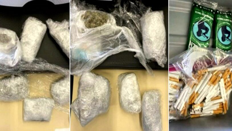 The Fulton County Sheriff's Office said 20 grams of suspected crack cocaine (left), 192 grams of marijuana (center), 200 cigarettes and two packs of loose tobacco were recovered from a bag left at security May 14 by a medical assistant. TreQuera Lashell Ford, 24, was taken into custody Thursday in Mississippi.