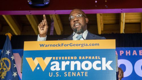 11/03/2020 —  Atlanta, Georgia — Raphael Warnock, Democratic candidate for U.S. Senate, makes remarks at his headquarters on Election Day in Atlanta’s Sweet Auburn District, Tuesday, November 3, 2020. Warnock is expected to advance to a run-off election in January against a Republican opponent. (Alyssa Pointer / Alyssa.Pointer@ajc.com)