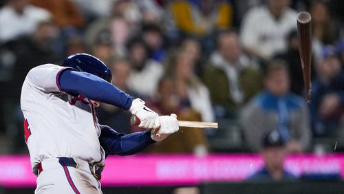 Atlanta Braves' Jarred Kelenic breaks his bat on a single against the Seattle Mariners during the eighth inning of a baseball game Tuesday, April 30, 2024, in Seattle. (AP Photo/Lindsey Wasson)