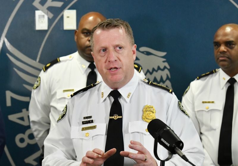 July 28, 2022 Atlanta - Interim Chief Darin Schierbaum speaks to members of the press during a press conference on two unsolved homicides: Katie Janness and David Mack at Atlanta Public Safety Headquarters in Atlanta on Thursday, July 28, 2022. The Presser was being held on the anniversary of Janness' death last year in Piedmont Park. Mack, 12, was found shot to death near his home in February 2021. (Hyosub Shin / Hyosub.Shin@ajc.com)