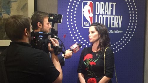 Hawks co-owner Jami Gertz speaks to reporters before the NBA draft lottery Tuesday in Chicago. Gertz will represent the Hawks on stage as the results are revealed.
