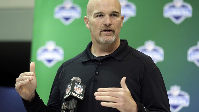 Atlanta Falcons head coach Dan Quinn speaks during a press conference at the NFL Combine in Indianapolis, Wednesday, March 1, 2017. (AP Photo/Michael Conroy)
