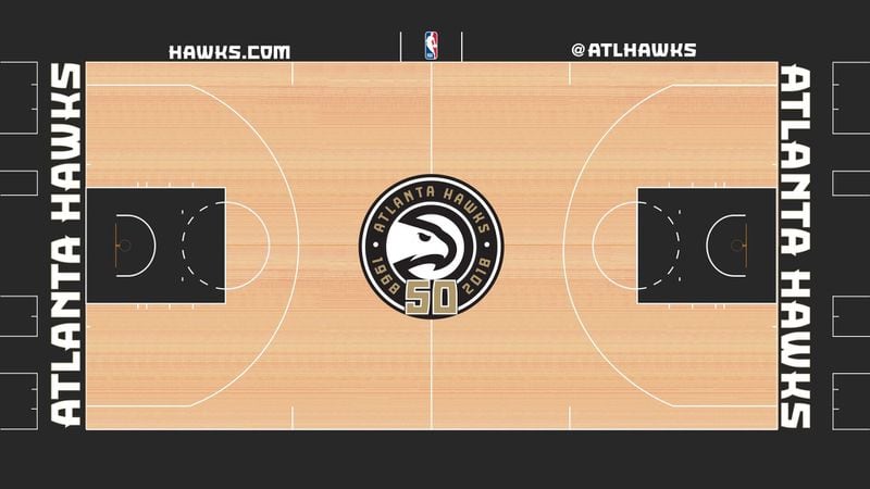 The Hawks unveiled a secondary court featuring gold and black colors that will be used for several games as part of the team’s 50th anniversary celebration.