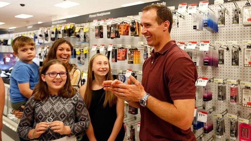 METAIRIE, LA - JUNE 15: Drew Brees, Quarterback of the New Orleans Saints, surprises Target guests and helps them shop for last minute father's day gifts at Target on June 15, 2016 in Metairie, Louisiana. (Photo by Tyler Kaufman/Getty Images for Target)