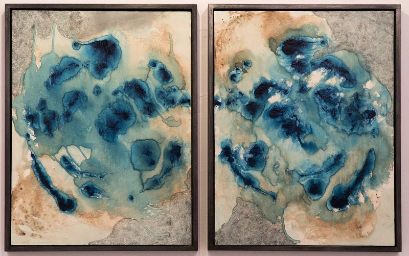 Susan Ker-Seymer’s “Aphelion And” and “Aphelion Also” in acrylic and graphite on panel.