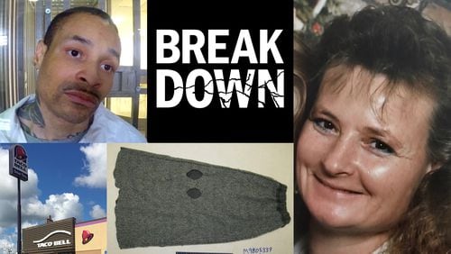 Clockwise from top left: Devonia Inman, who is in prison for murder; Donna Brown, the woman he was convicted of killing; the mask that was discovered in Brown's car after the killer stole and then abandoned the vehicle; and the Taco Bell outside which Donna Brown was shot.