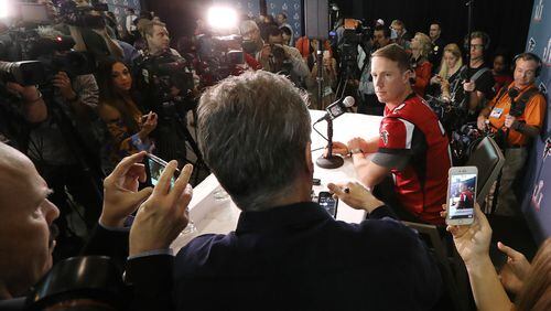 February 2, 2017, Houston: Falcons quarterback Matt Ryan is surrounded by the media during Super Bowl media availability at Memorial City Mall ice arena on Wednesday, Feb. 1, 2017, in Houston. Curtis Compton/ccompton@ajc.com