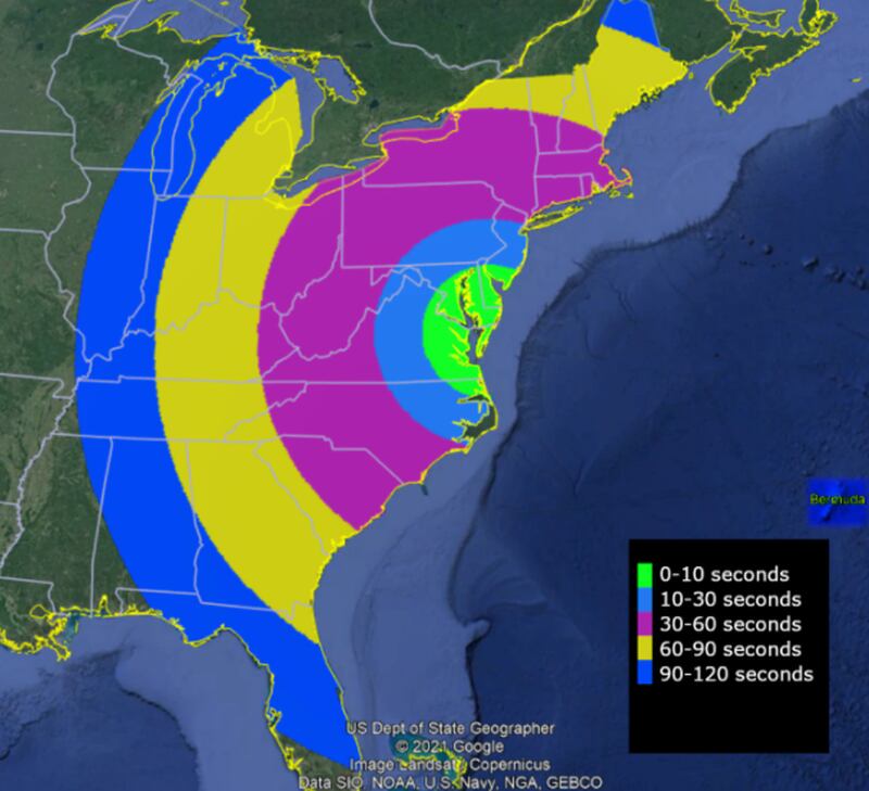 This map shows when the rocket might be visible after launch from NASA’s Wallops Flight Facility. Two vapor clouds will form north of Bermuda about 9 minutes, 30 seconds after launch as part of the mission and might also be visible from the East and Bermuda. (Source: NASA/Christian Billie)