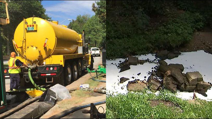 Cleanup crews work Monday at the site of a chemical spill in Smyrna that left a creek chalky white. (Credit: Channel 2 Action News)