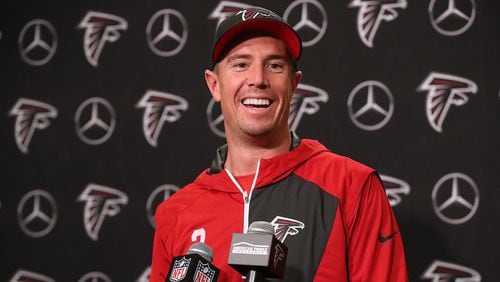 Atlanta Falcons quarterback Matt Ryan is all smiles speaking during a news conference after signing a new five-year, $150 million contract extension at the team headquarters on Monday, May 7, 2018, in Flowery Branch.  Curtis Compton/ccompton@ajc.com