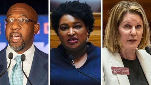 (From left to right) Raphael Warnock, Stacey Abrams and Jan Jones. Credit: Alyssa Pointer/ AJC / AP