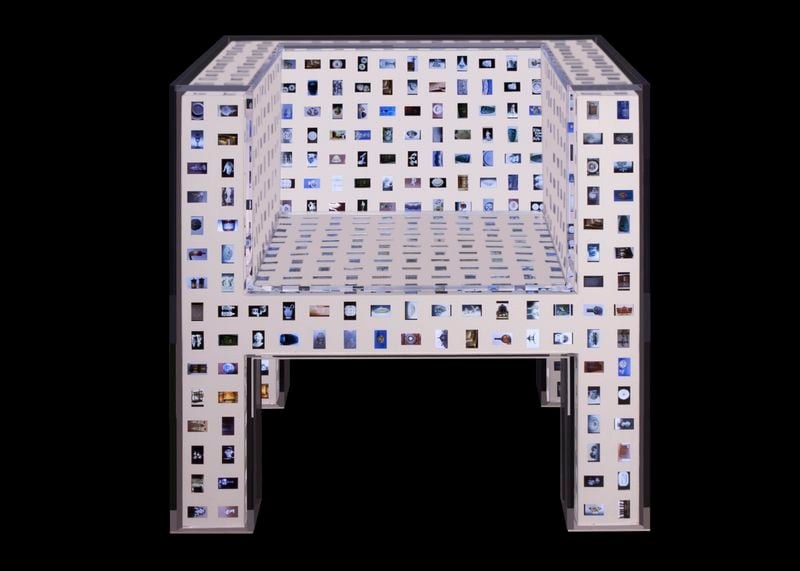 Benjamin Rollins Caldwell (American, born 1983), designer and maker, Lightbox Armchair, 2014-2015, acrylic with laser cut white powder coated steel understructure, image slides, and LED lights, High Museum of Art, Atlanta, purchase with funds from the Decorative Arts Acquisition Endowment, 2014.393. © Benjamin Rollins Caldwell.