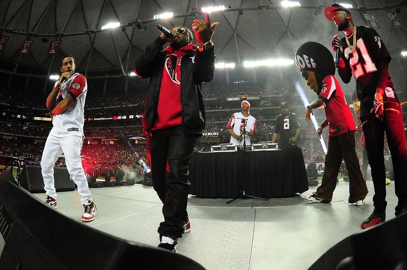  Jeezy, Jermaine Dupri and Ludacris perform the halftime show in the NFC Championship Game between the Atlanta Falcons and the Green Bay Packers at the Georgia Dome on January 22, 2017 in Atlanta. This year, all three will be participating in events surrounding the Super Bowl.