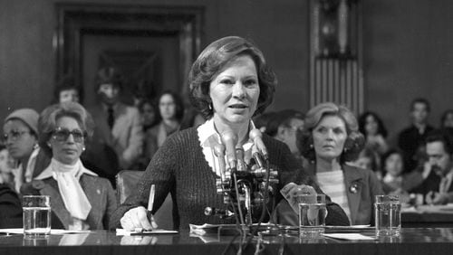Rosalynn Carter testifies on behalf of the President’s Commission on Mental Health before the Senate Subcommittee on Health and Scientific Research of the Committee on Labor and Human Resources on Feb. 7, 1979. She was the second first lady to appear before Congress. (Jimmy Carter Library)