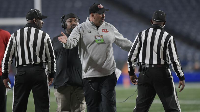 Lee County head coach Dean Fabrizio reacts to a referee’s call during the first half of his Class 6A state high school football final Tuesday, December 29, 2020 in Atlanta. (PHOTO/Daniel Varnado)