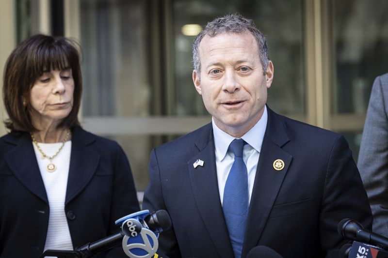 Congressman Josh Gottheimer with Congresswoman Kathy Manning speaks at a press conference regarding recent anti-semitism directed towards jewish students studying at Columbia University in New York on Monday, April 22, 2024. (AP Photo/Stefan Jeremiah)