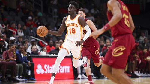 Atlanta Hawks forward Mouhamed Gueye (18) drives during the second half against the Cleveland Cavaliers of a NBA preseason game at State Farm Arena, Tuesday, October 10, 2023, in Atlanta. The Hawks won 108-107. (Jason Getz / Jason.Getz@ajc.com)