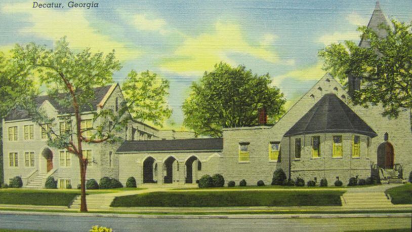 This is likely a 1950s postcard of the Decatur First United Methodist chapel, to the right, the three-story preschool building to the left and the breezeway connecting the two.Courtesy of the Pitts Theology Library at Emory University.