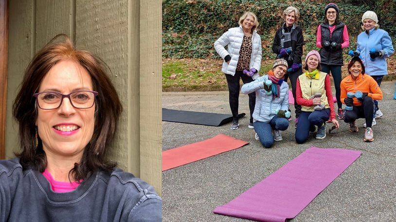 The picture on the left is of Dana Kuehn, 59, of Sandy Springs. It was taken in February. In August 2020, she joined her neighbors' exercise group, the P.E. group, which appears on the right: Front row, from left: Kathy Broyles, Pam Zendt, Ilsa Mendoza-Jackson. Back row, from left: Irene Gruenhut, Knoxie Walstead, Dana Kuehn, Virginia Stoner. (Photo by Cindy Hubbard)