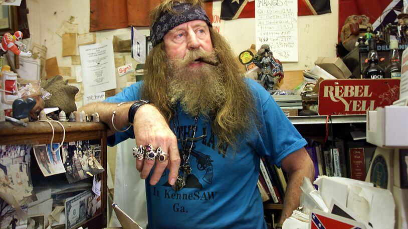 Dent 'Wildman' Myers at 70 years old. The owner of a Civil War relic shop was a flamboyant and controversial fixture in downtown Kennesaw. (KATIE KING/Staff)