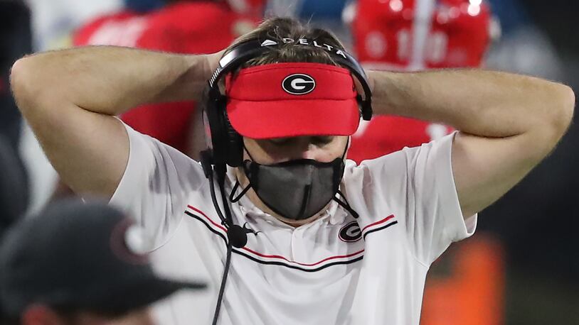 Georgia head coach Kirby Smart reacts on the sidelines after an incomplete pass in the fourth quarter.