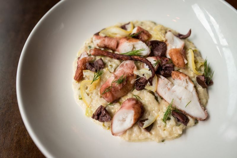 The tart acid of olives and lemons beautifully balance rich grits and sweet, charred octopus at Hampton + Hudson. CONTRIBUTED BY MIA YAKEL