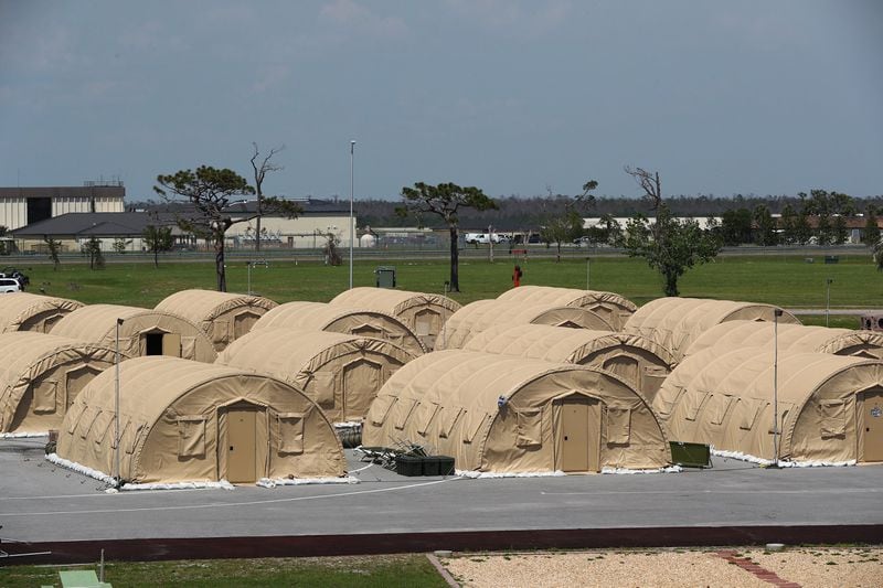 Dozens of tents were assembled at Tyndall Air Force Base near Panama City in Florida to house military personnel after Hurricane Michael damaged much of the living quarters. 