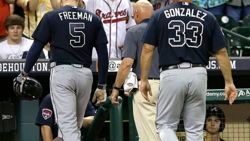 Freddie Freeman left Wednesday’s game in Houston after getting hit on the back of the right elbow by a fastball from Astros left-hander Darin Downs in the eighth inning.
