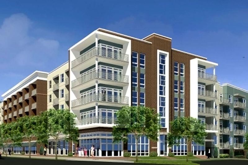 This rendering of the proposed mixed-use project at Avondale Estates’ western gateway shows it will include 197 apartments and 8,000 square feet of retail/restaurant. Courtesy of South City Partners
