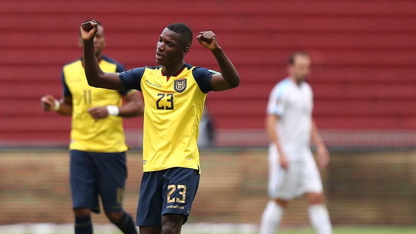 Ecuador's Moises Caicedo celebrates after scoring his side's opening goal during a qualifying soccer match against Uruguay for the FIFA World Cup Qatar 2022 Tuesday, Oct. 13, 2020, at the Casa Blanca stadium in Quito, Ecuador. (Jose Jacome/AP)