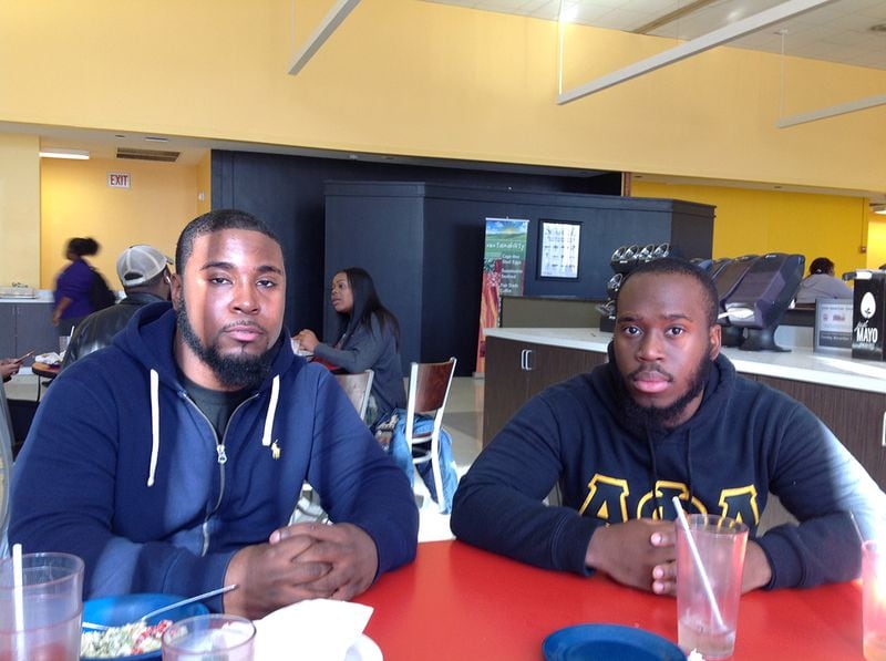 Fraternity brothers Rashawn Frances and James Mergile, both seniors from New York City in the Cheyney University cafeteria. Frances and Mergile, both honor students, are among the 755 students remaining at the oldest black college in the country. (Ernie Suggs / esuggs@ajc.com)