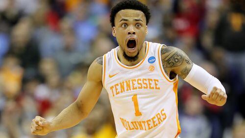 Tennessee's Lamonte Turner reacts after being called for a foul against the Iowa Hawkeyes Sunday, March 24, 2019,  at Nationwide Arena in Columbus, Ohio.