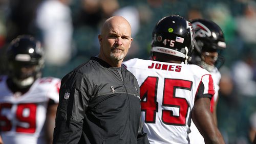 Head coach Dan Quinn of the Atlanta Falcons looks on during warmups before a game against the Philadelphia Eagles at Lincoln Financial Field Nov. 13, 2016 in Philadelphia.