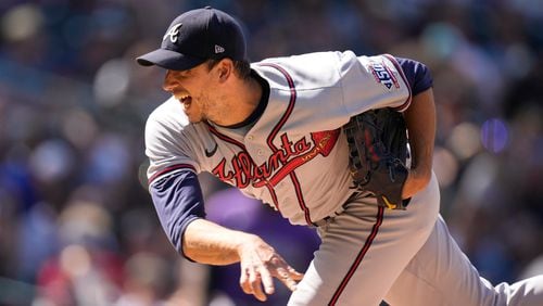 Braves starting pitcher Charlie Morton works against the Colorado Rockies in the sixth inning Sunday, Sept. 5, 2021, in Denver. (David Zalubowski/AP)
