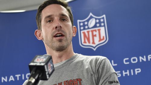January 19, 2017, Flowery Branch - Falcons offensive coordinator Kyle Shanahan speaks during the Falcons press conference as they prepare to play the Packers in the NFC Championship game in Flowery Branch, Georgia, on Thursday, January 19, 2017. (DAVID BARNES / DAVID.BARNES@AJC.COM)