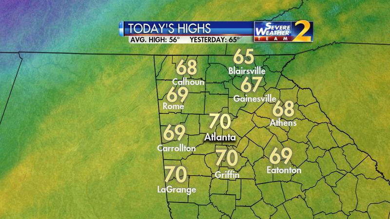 Atlanta’s forecast high is 70 degrees. (Credit: Channel 2 Action News)