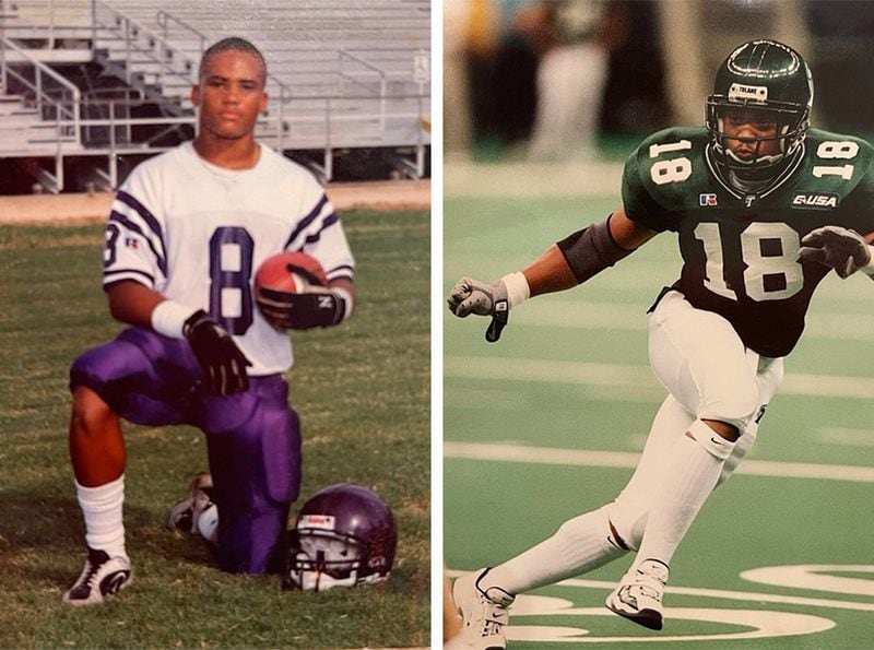 Terry Fontenot, the Atlanta Falcons general manager, played high school football (left) in his hometown of Lake Charles, La., and later played safety (right) at Tulane. (Photos courtesy Fontenot family)