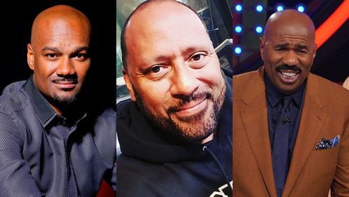 Steve Harvey on Majic (right) is the top-ranked Atlanta morning shows among Black stations, with Frank Ski on Kiss (center) second and Big Tigger on V-103 (left) way behind. PUBLICITY PHOTOS