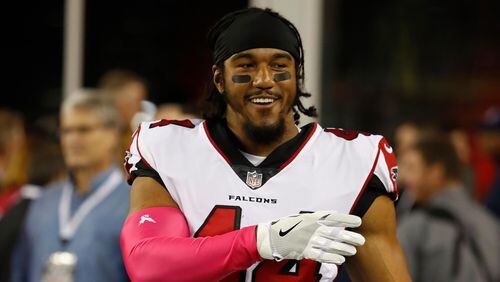 Atlanta Falcons outside linebacker Vic Beasley before an NFL football game against the New England Patriots at Gillette Stadium in Foxborough, Mass. Sunday, Oct. 22, 2017. (Winslow Townson/AP Images for Panini)