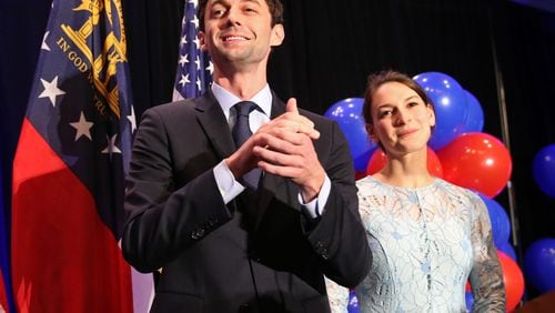 Sixth District congressional candidate Jon Ossoff with his fiancé Alisha Kramer on election night. AJC/Jason Getz