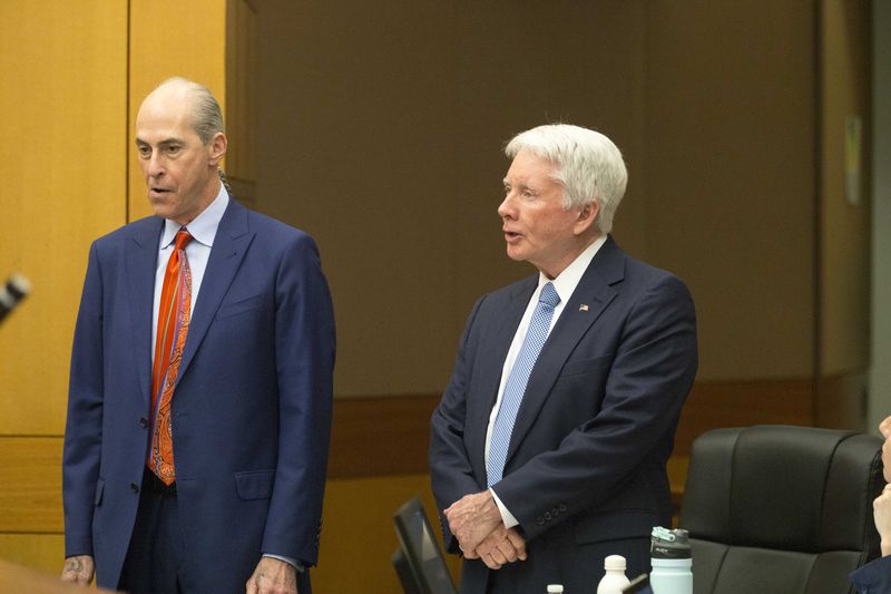 04 Claud "Tex" McIver, right, stands with his defense attorney Bruce Harvey and addresses Fulton County Chief Judge Robert McBurney at his trial at the Fulton County Courthouse on Friday, April 13, 2018. On Friday, McIver chose not to testify during his trial. ALYSSA POINTER/ALYSSA.POINTER@AJC.COM