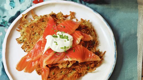 How to turn latkes into a meal? Build a Mont Royal with latkes, home cured lox and horseradish cream. Photo credit: Quentin Bacon.