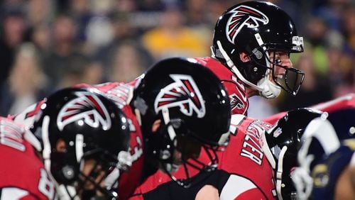 Falcons quarterback Matt Ryan calls a play at the line during the first quarter of the NFC Wild Card Playoff game against the Los Angeles Rams Jan. 6, 2018, in Los Angeles.