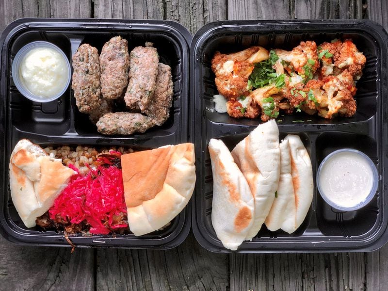 Takeout offerings from Cafe Raik include beef kebabs with mejadara and pita, and fried cauliflower with pita and dill sauce. Wendell Brock for The Atlanta Journal-Constitution