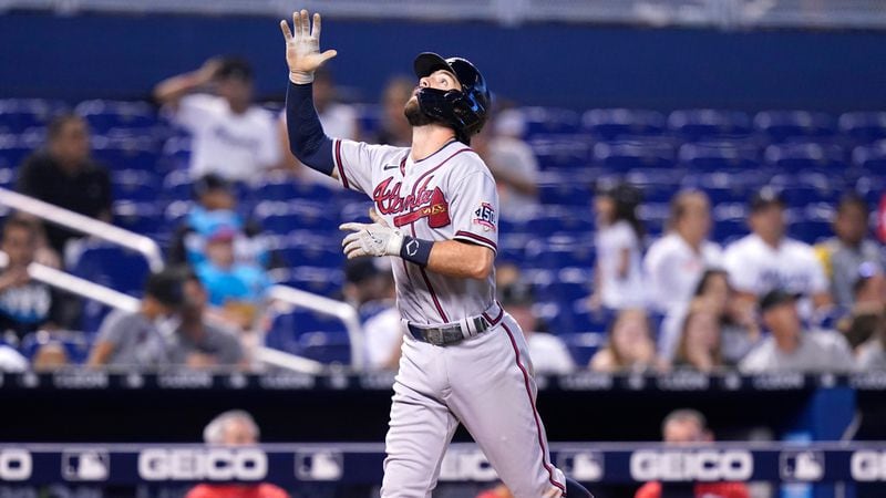 Braves shortstop Dansby Swanson runs the bases after hitting a solo home run during the sixth inning against the Miami Marlins, Sunday, July 11, 2021, in Miami. (Lynne Sladky/AP)