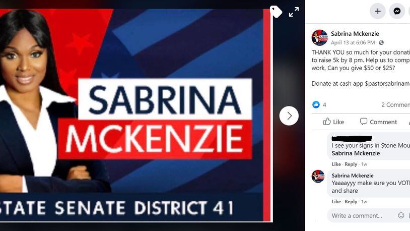 Sabrina McKenzie, who was seeking the Democratic nomination for a DeKalb County-based state Senate seat, has continued to solicit campaign donations after being disqualified from the race. (Facebook screenshot)