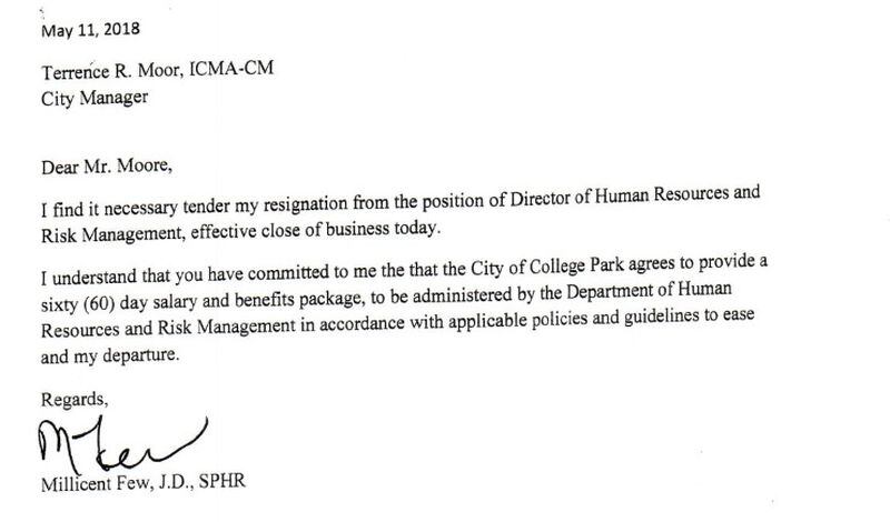 Millicent Few's resignation letter to College Park city manager.